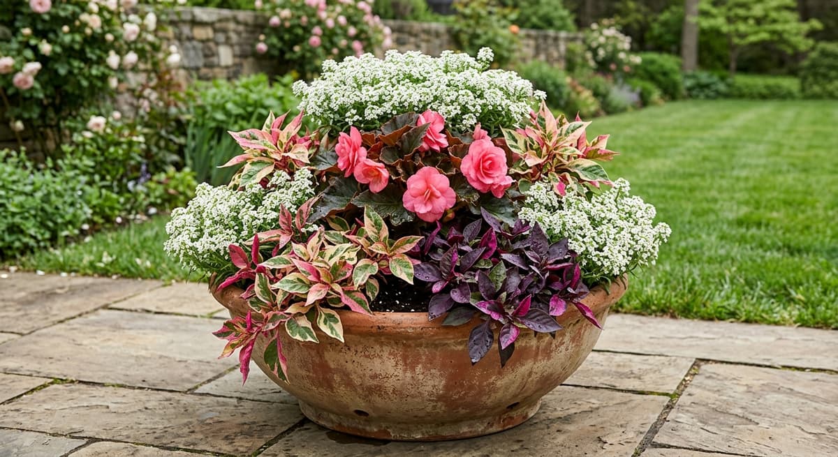 Terracotta bowl of begonia, alyssum and alternanthera designed in Trowel