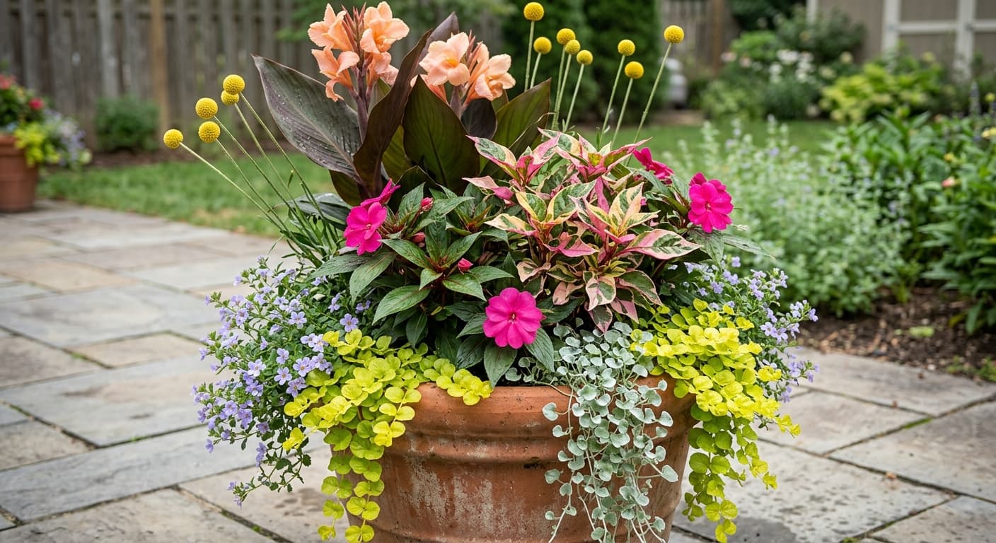 AI concept preview made in Trowel: a terracotta container with canna, pink blooms and trailing greens