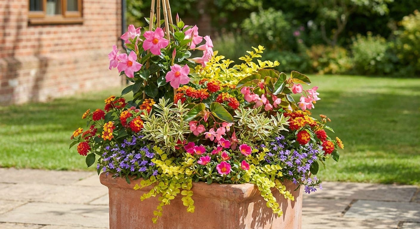 An AI concept preview of a finished summer container, generated from the planting plan