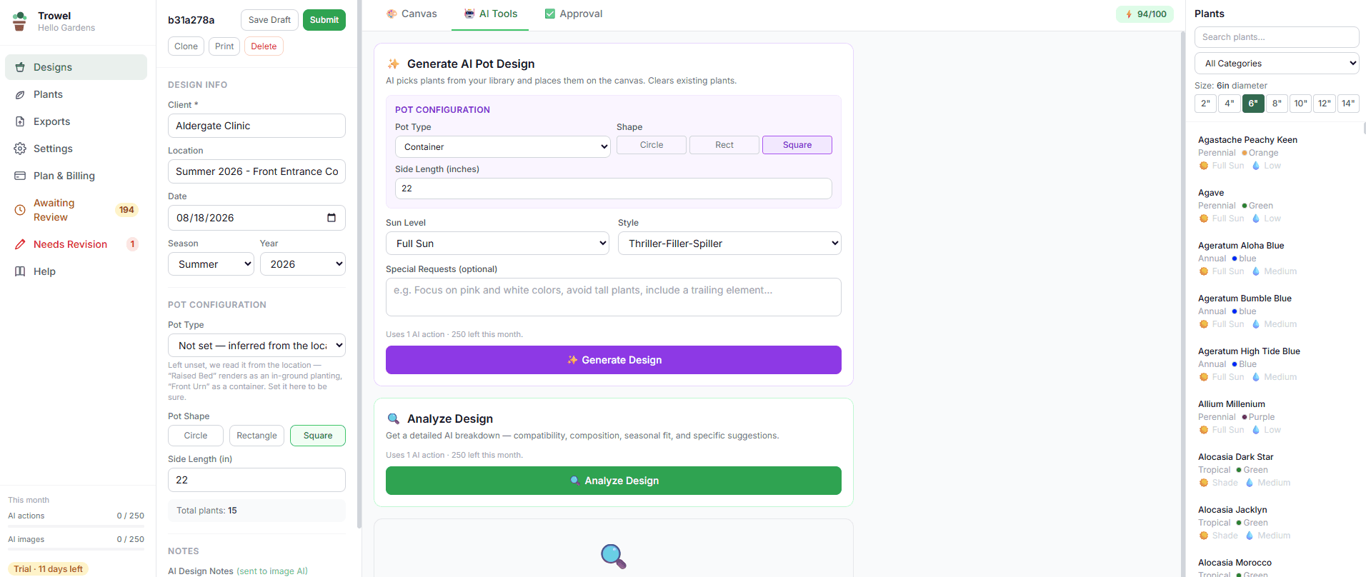 The AI tools panel, showing what each action costs before you click it