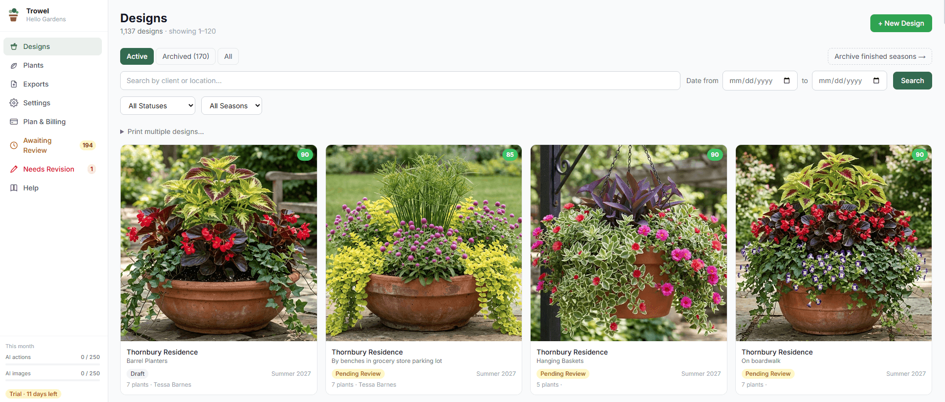 A season of container designs with their approval status and AI score on each card