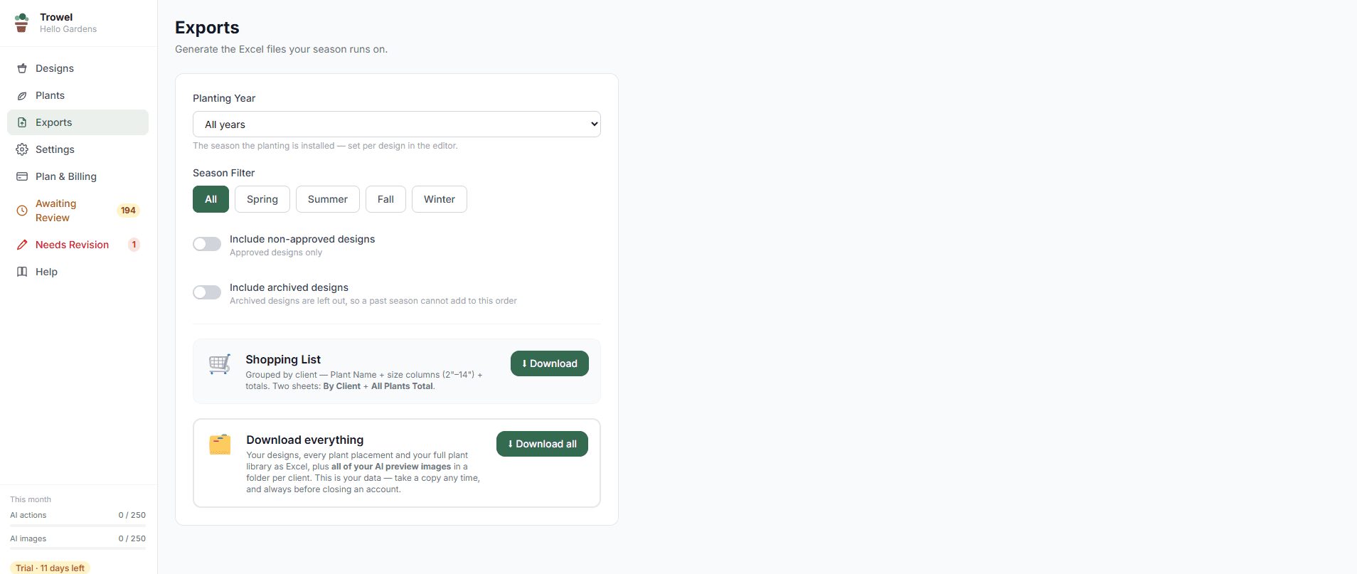 The exports screen, with season filters and the shopping list download